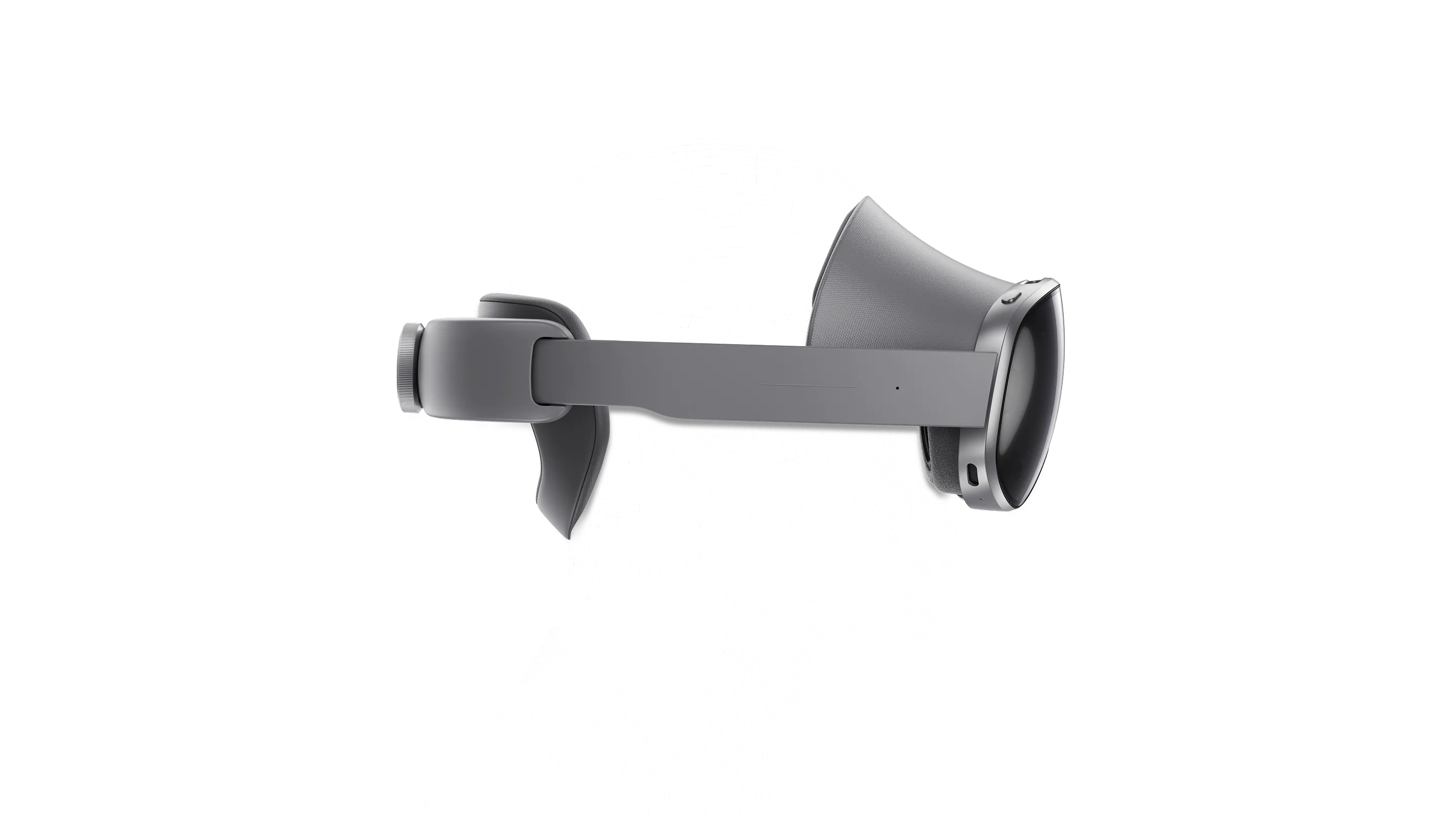 Rendered image showing a Samsung galaxy XR headset placed over a mesh line representation of a human head.