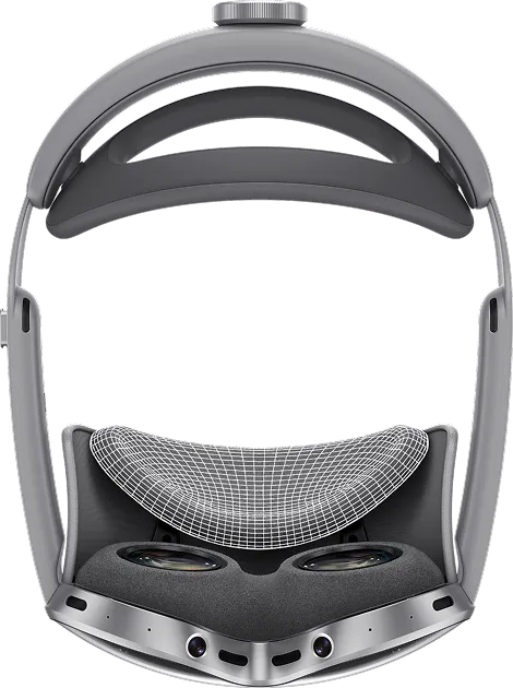 Top view of the Samsung XR headset showing the glasses section facing downward and the head support positioned at the top, with mesh material visible on the eye and rear cushion areas.