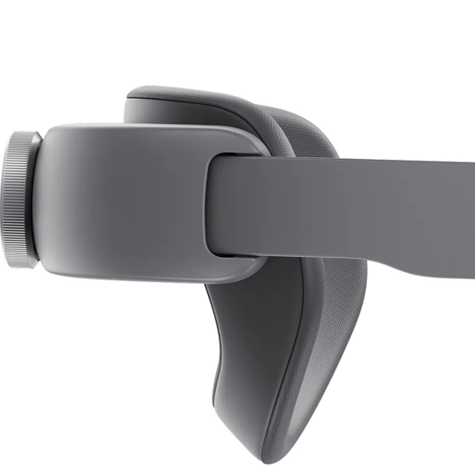 An image showing the rear head support of the Samsung XR headset, illustrating its adjustable mobility to match the user’s head angle.