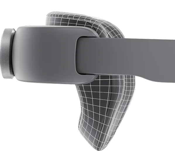 An image showing the rear head support of the Samsung XR headset, illustrating its adjustable mobility to match the user’s head angle.