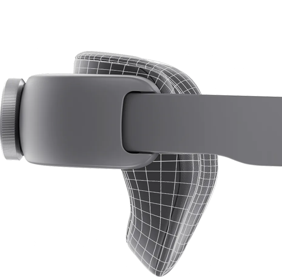 An image showing the rear head support of the Samsung XR headset, illustrating its adjustable mobility to match the user’s head angle.