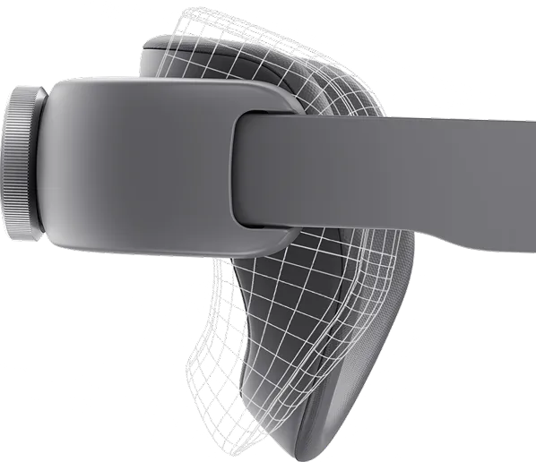 An image showing the rear head support of the Samsung XR headset, illustrating its adjustable mobility to match the user’s head angle.