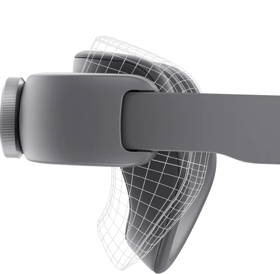 An image showing the rear head support of the Samsung XR headset, illustrating its adjustable mobility to match the user’s head angle.