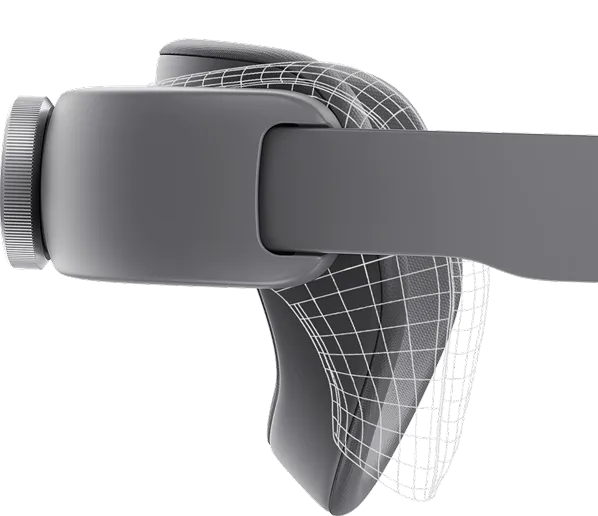 An image showing the rear head support of the Samsung XR headset, illustrating its adjustable mobility to match the user’s head angle.