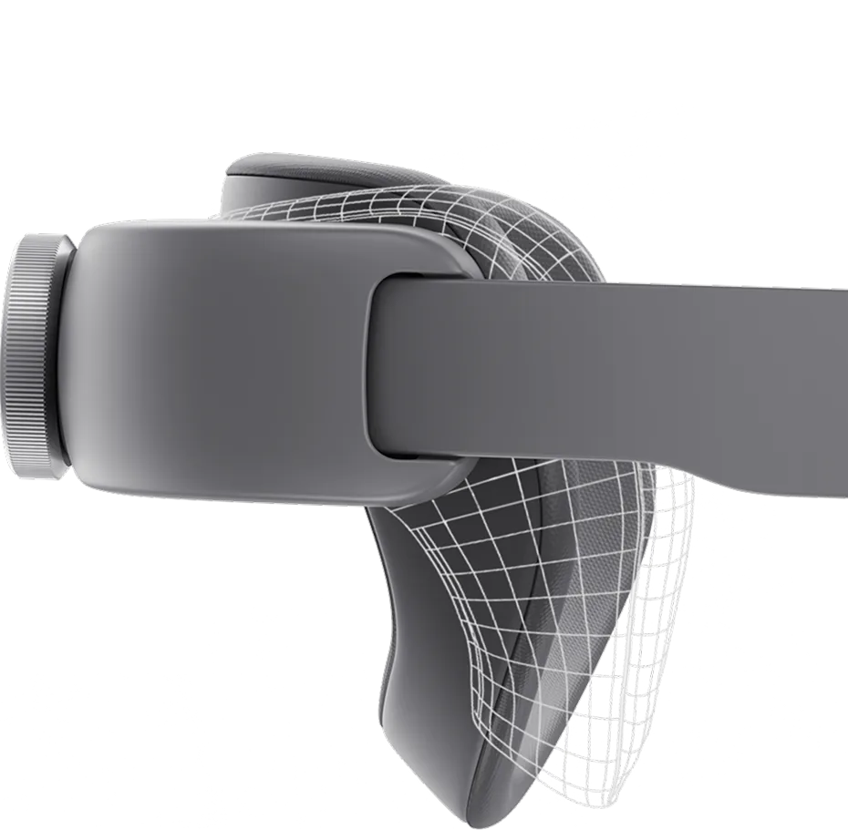 An image showing the rear head support of the Samsung XR headset, illustrating its adjustable mobility to match the user’s head angle.