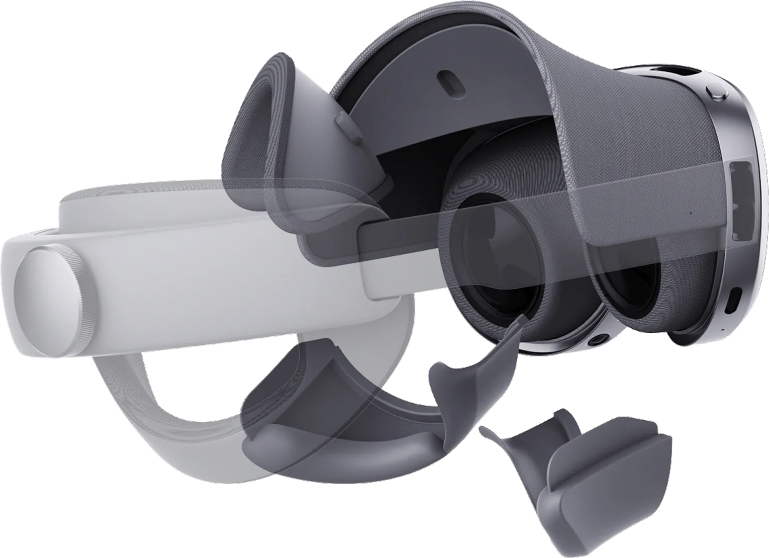 An image showing the Samsung XR headset with the forehead cushion, spacer, and magnetic shield detached from the main body.