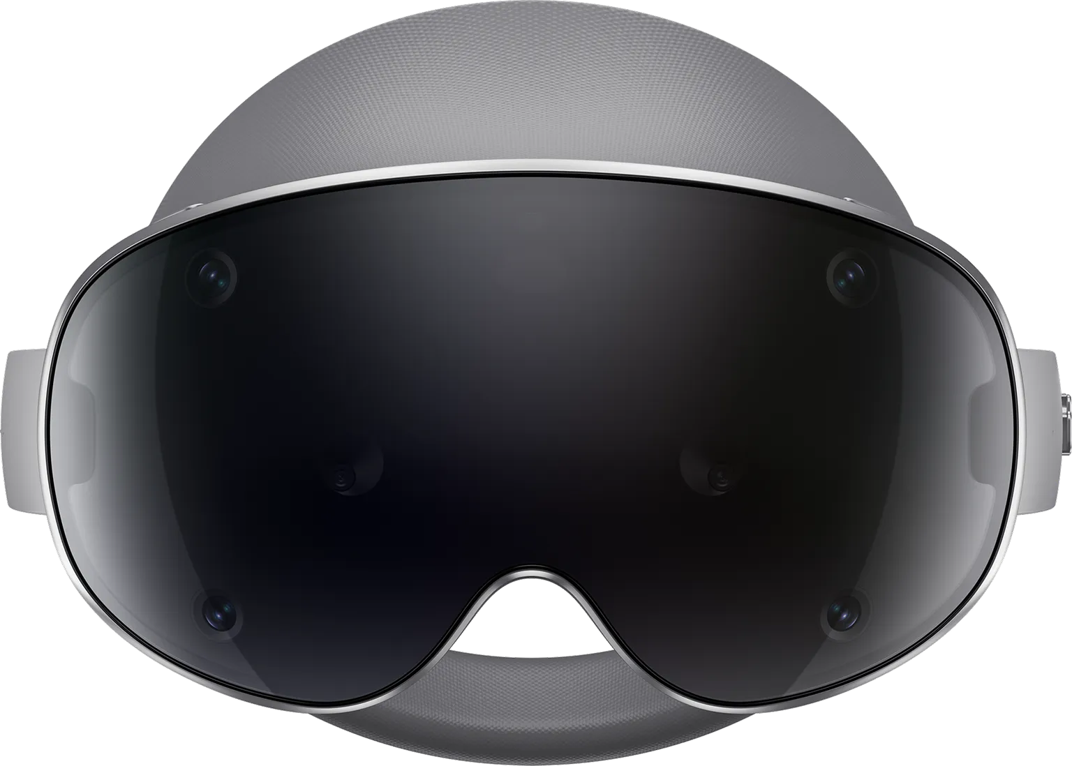 A Samsung XR device shaped like a fighter pilot helmet, with a cosmic space background reflected on the glass surface.