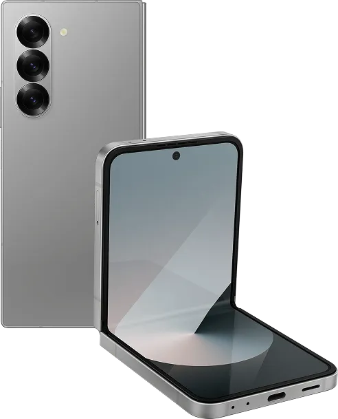 Silver Samsung Galaxy Z Flip,Z Fold smartphone unfolded against a dark space background.