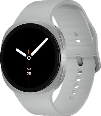 Silver Samsung Galaxy Watch placed at the center against a dark space background.