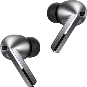 Silver Samsung Galaxy Buds positioned side by side against a dark space background.