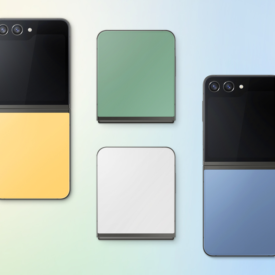 This image shows the online colors of the Galaxy Z Flip 5 in order from top left: Yellow, Green, Gray, and Blue.