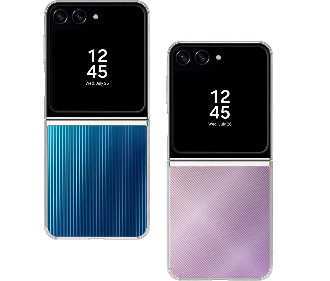 This image shows two Flipsuit Cases for the Galaxy Z Flip 5. This image shows how the back case design extends to the front Flex Window using NFC tagging technology.