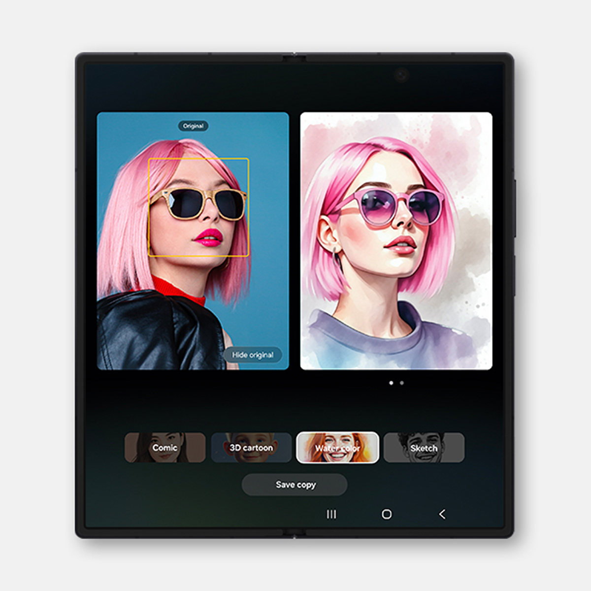 A user interface screen showing a female portrait being transformed into a watercolor-style image using the Gemini AI tool.