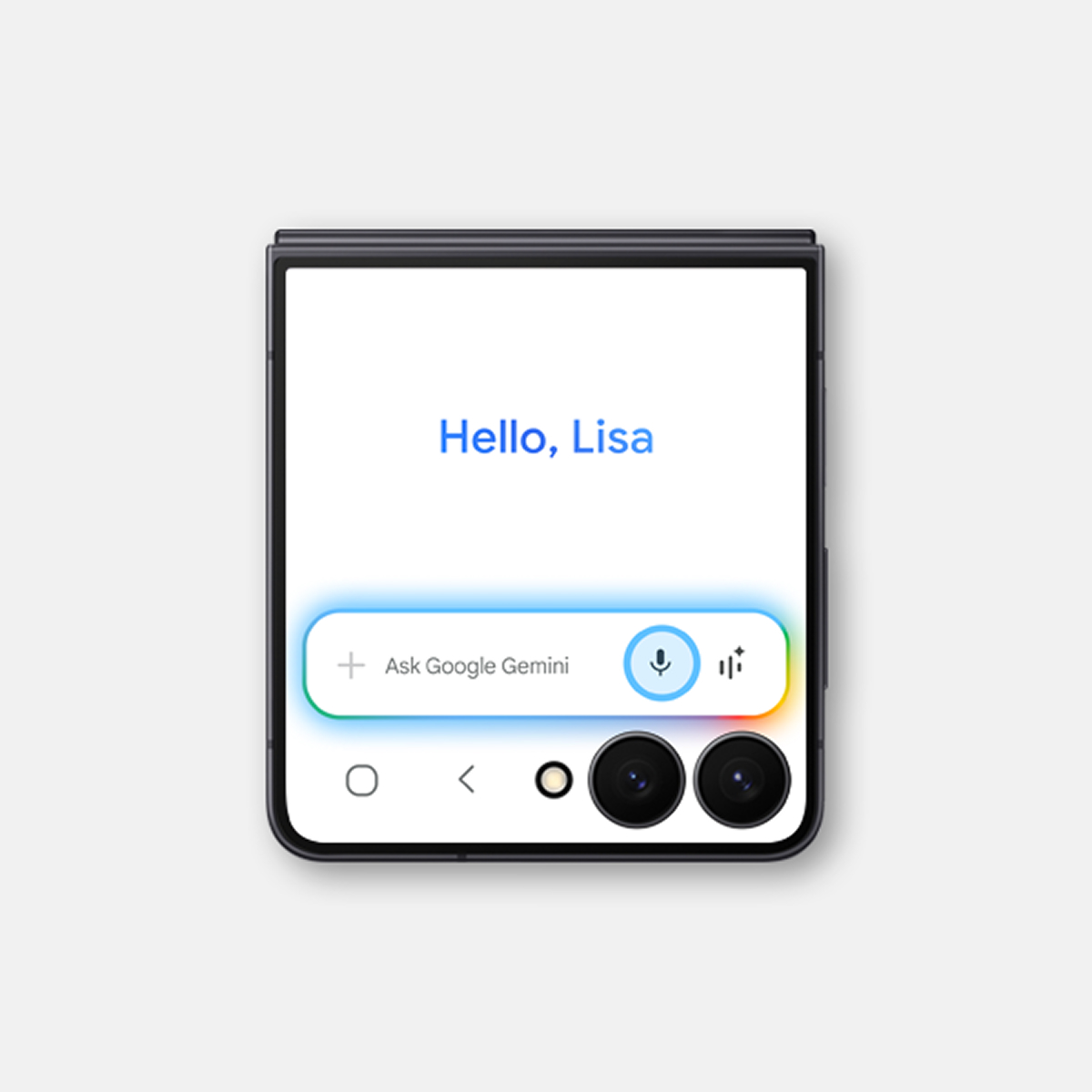 Front display of a Galaxy Z Flip7 showing the Gemini AI tool in action with a “Hello, Lisa” message on the screen.