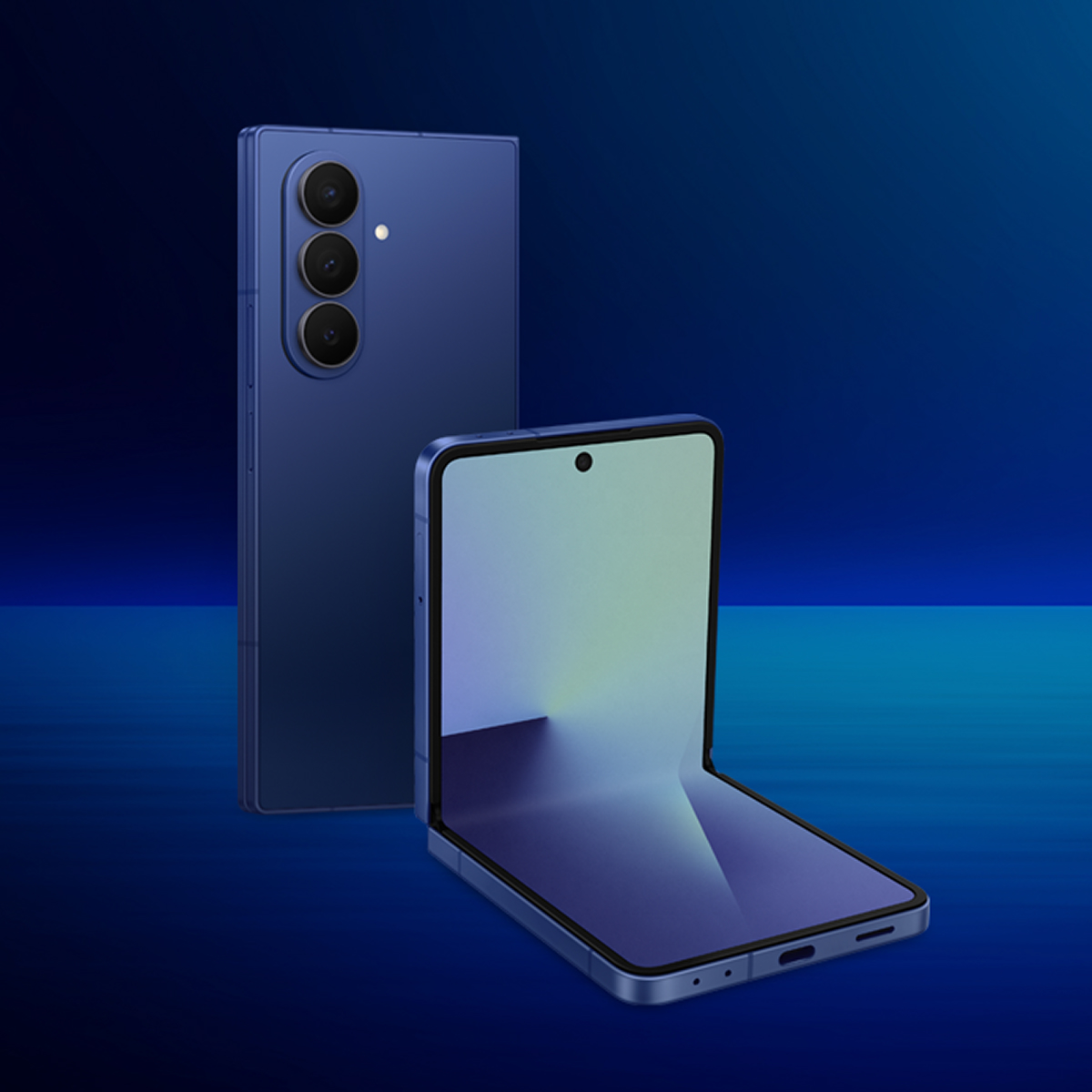 Galaxy Z Fold7 in Blue Shadow color, evoking the deep blue hues of the sea at dawn.