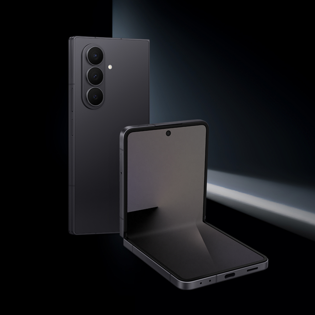 Galaxy Z Flip7 in Jet Black color, illuminated within a dark space to highlight its sleek black tone.