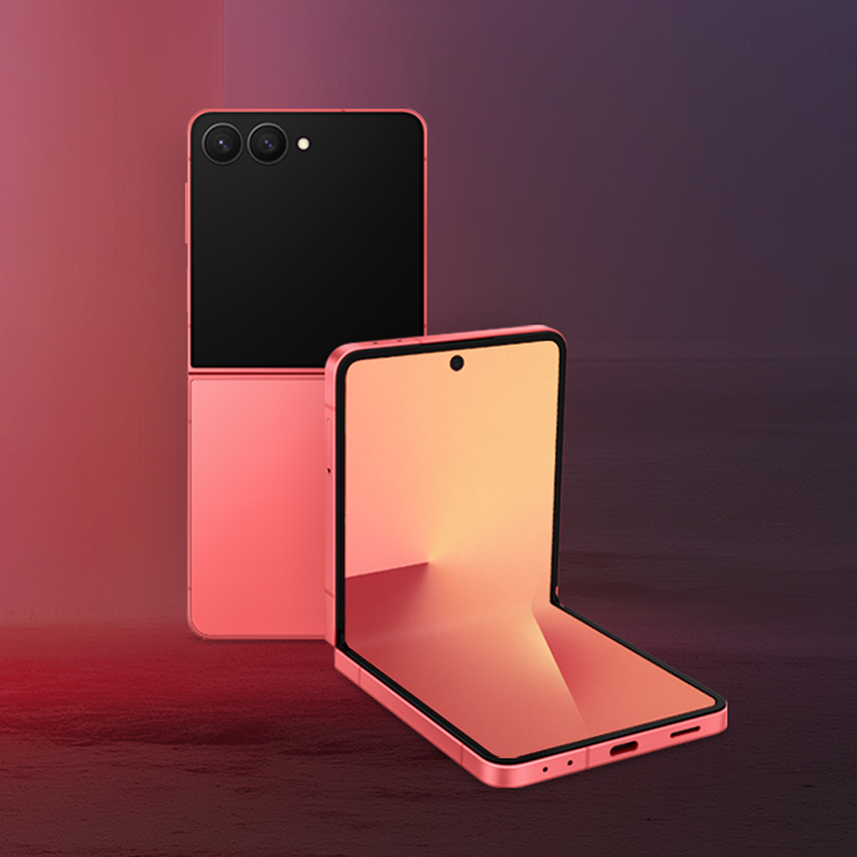 Galaxy Z Flip7 in Coral Red color, glowing softly as warm red light spreads from the left.