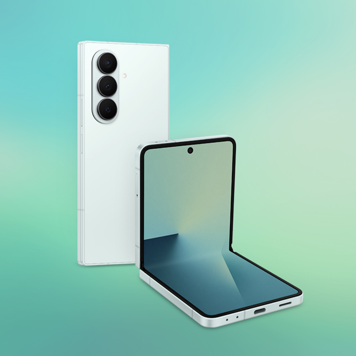 Galaxy Z Flip7 in Mint Gradient, featuring a smooth blend of mint, green, and sky blue tones.