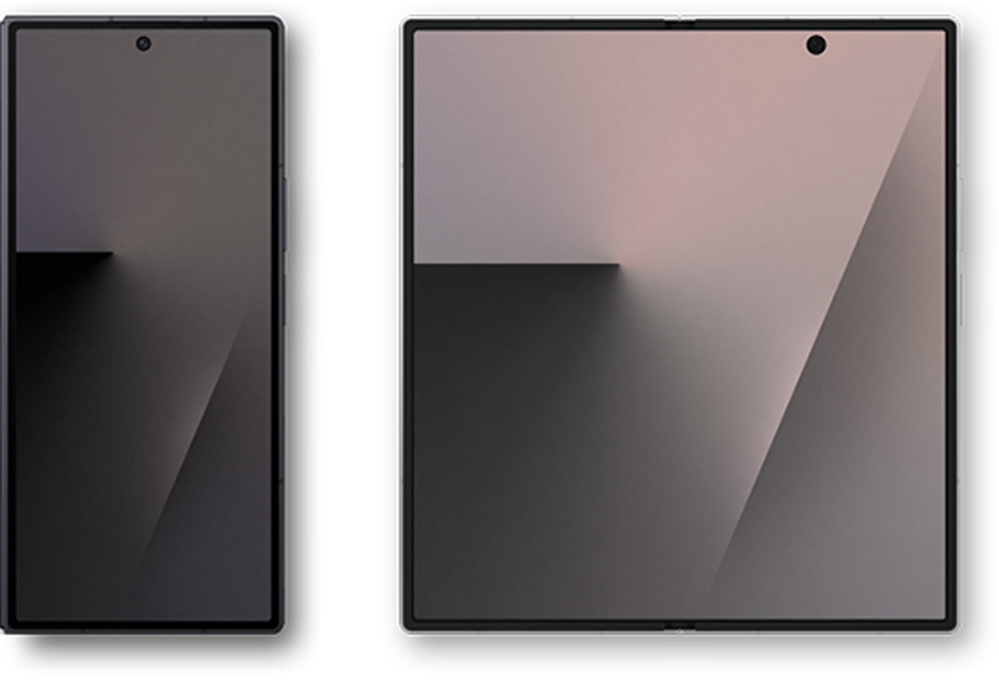 Three Galaxy Z Fold7 devices displayed side by side: the cover screen on the left, the fully unfolded main screen in the center, and the folded side view on the right.