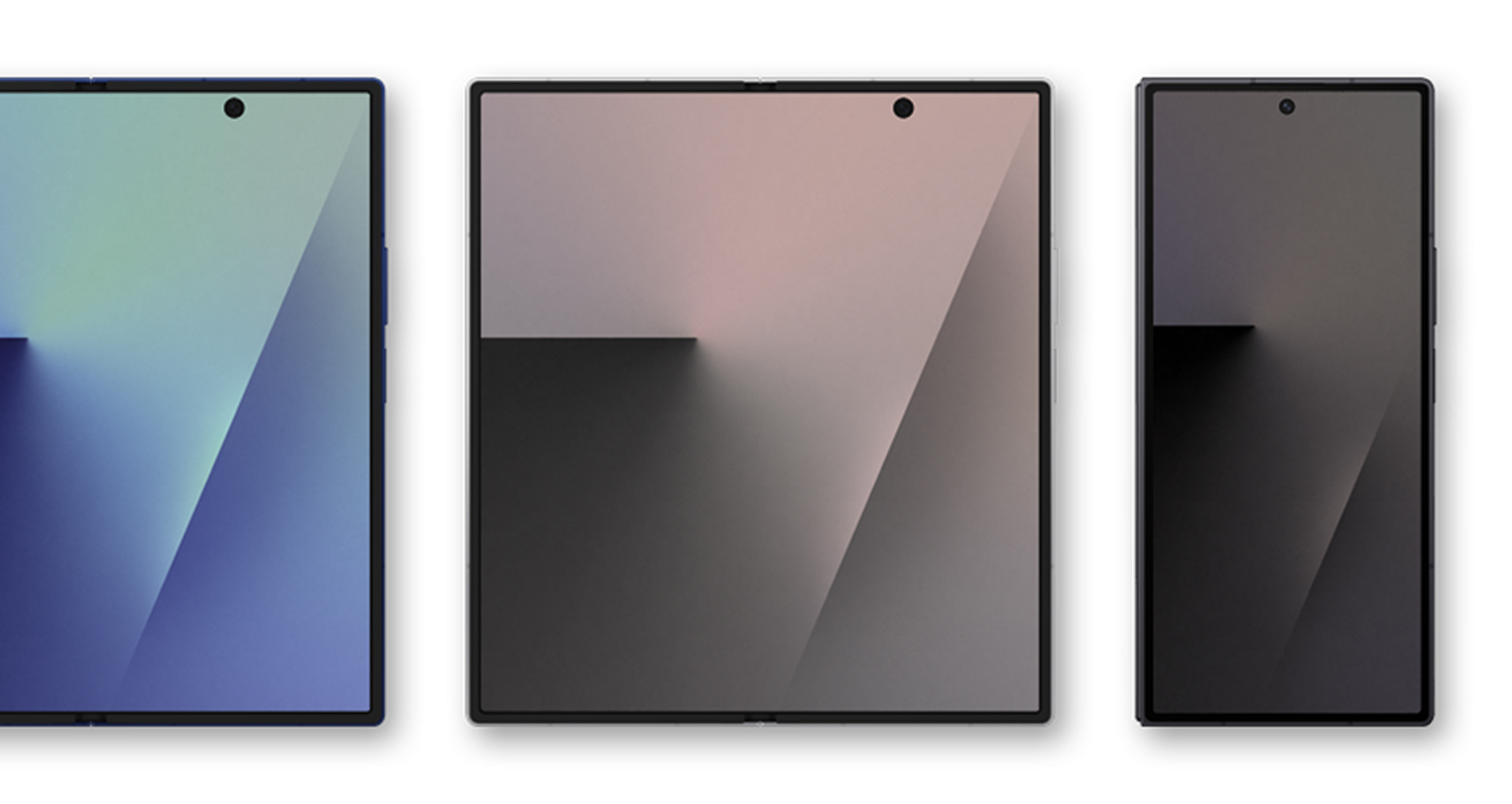 Three Galaxy Z Fold7 devices displayed side by side: the cover screen on the left, the fully unfolded main screen in the center, and the folded side view on the right.