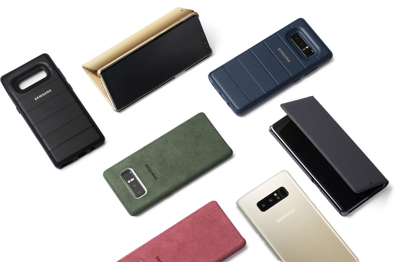 An image shows Samsung Galaxy Note 8 accessories on display.