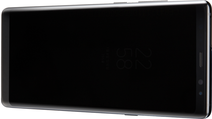 An image shows two Samsung Galaxy Note 8 overlapping, the device in front showing the camera screen on its display. 