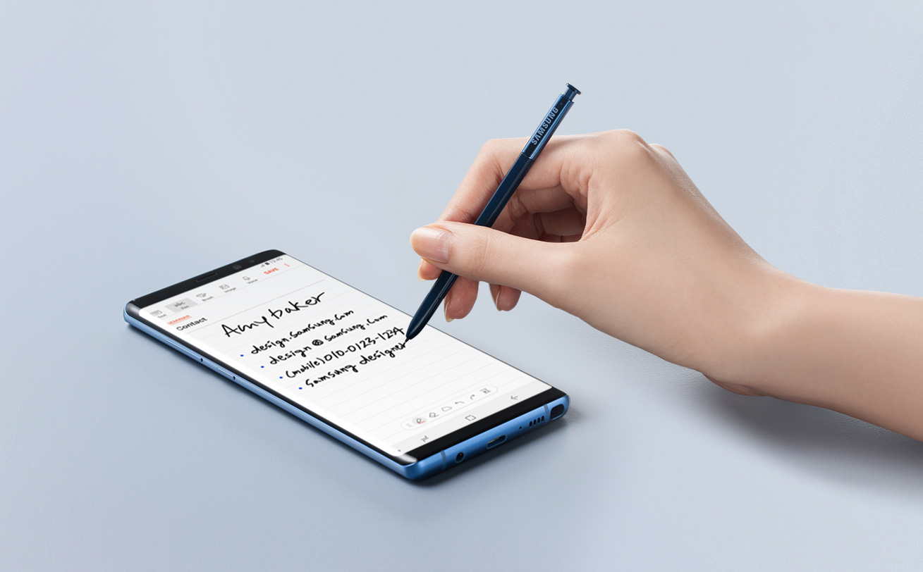 An image shows a user writing notes on Samsung Galaxy Note 8.