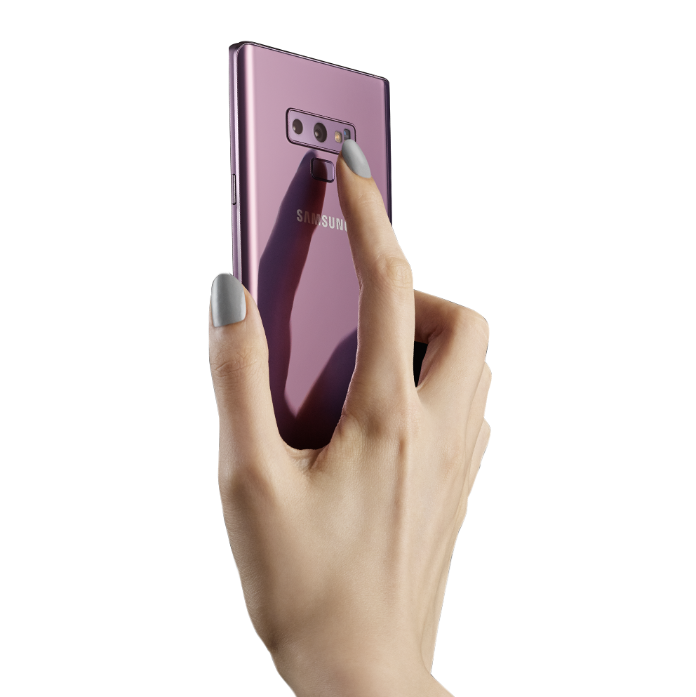 This is an image of hand holding a Lavender Galaxy Note9.