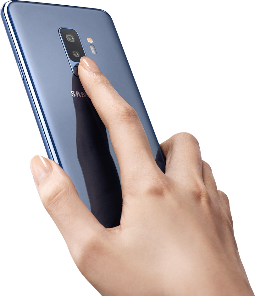 . A finger is placed on a blue fingerprint sensor located on the back side of the product.