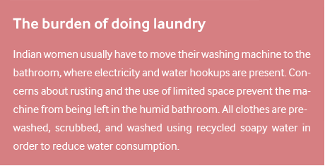 The burden of doing laundry / Indian women usually have to move their washing machine to the bathroom, where electricity and water hookups are present. Concerns about rusting and the use of limited space prevent the machine from being left in the humid bathroom. All clothes are pre-washed, scrubbed, and washed using recycled soapy water in order to reduce water consumption.