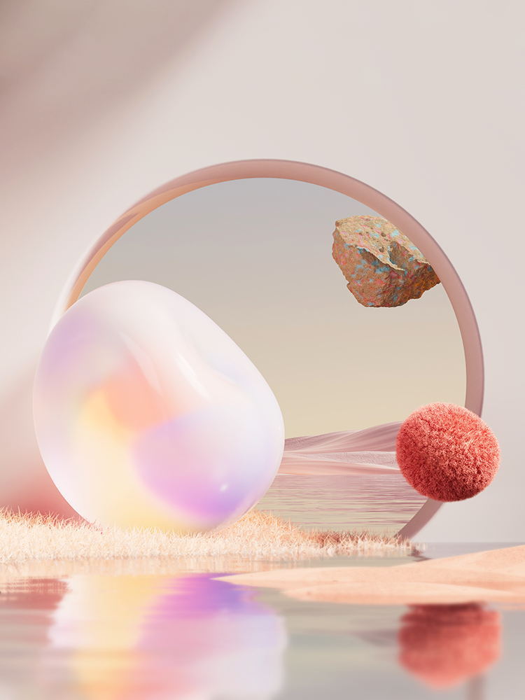 Abstract digital artwork with surreal colors and shapes, featuring a large opaque reflective orb, a floating rock with a jagged surface, and spheres with a soft texture arranged in a barren desert-like landscape.