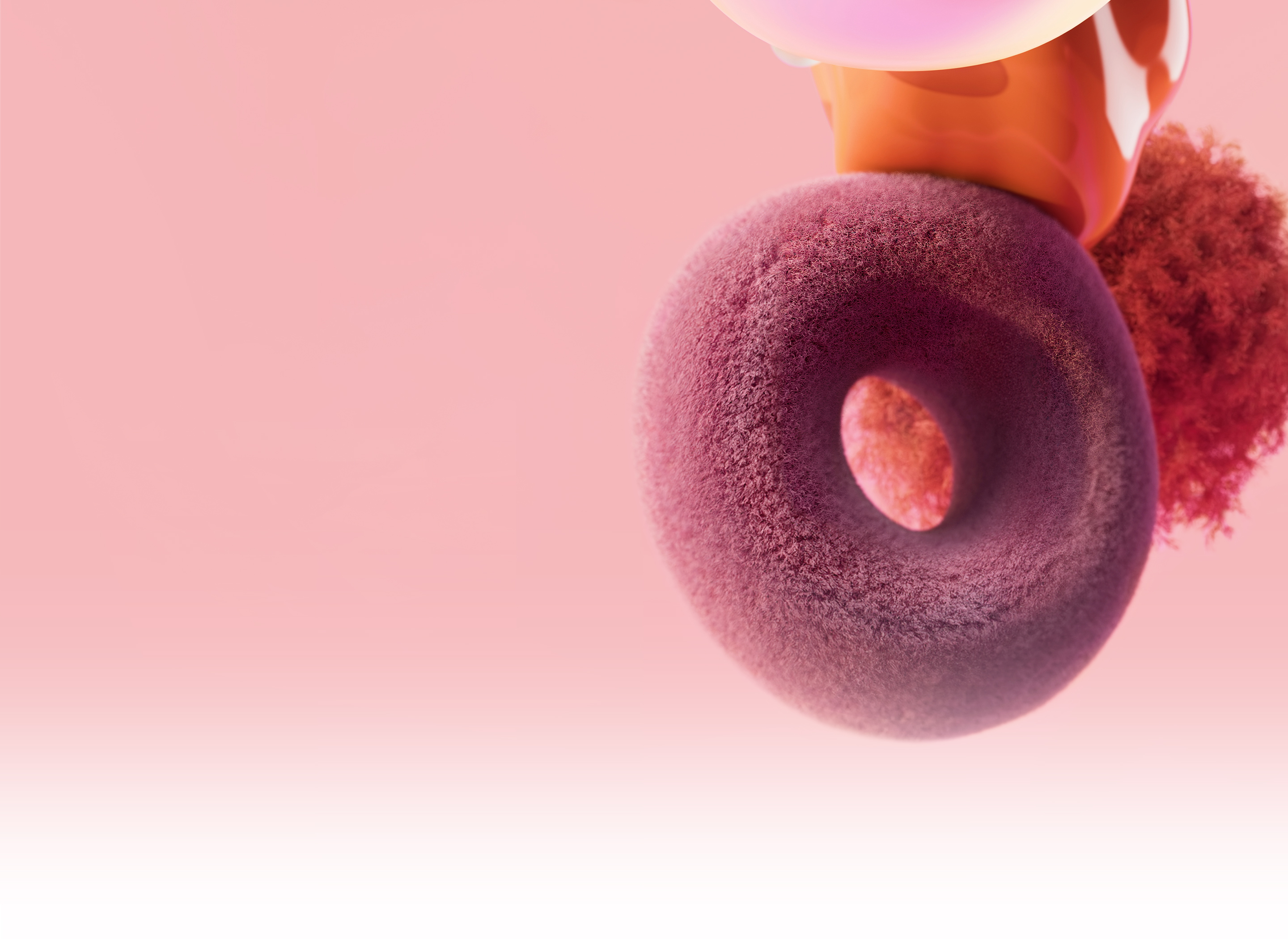 An image of a retro-inspired purple donut on a pink background, with the text "Innovative - Delving into New Realms of Discovery" in English