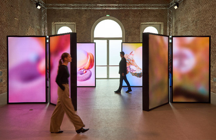 Visitors walking through an art exhibit featuring large, freestanding panels displaying vibrant abstract imagery, with arched windows in a room with exposed brick walls