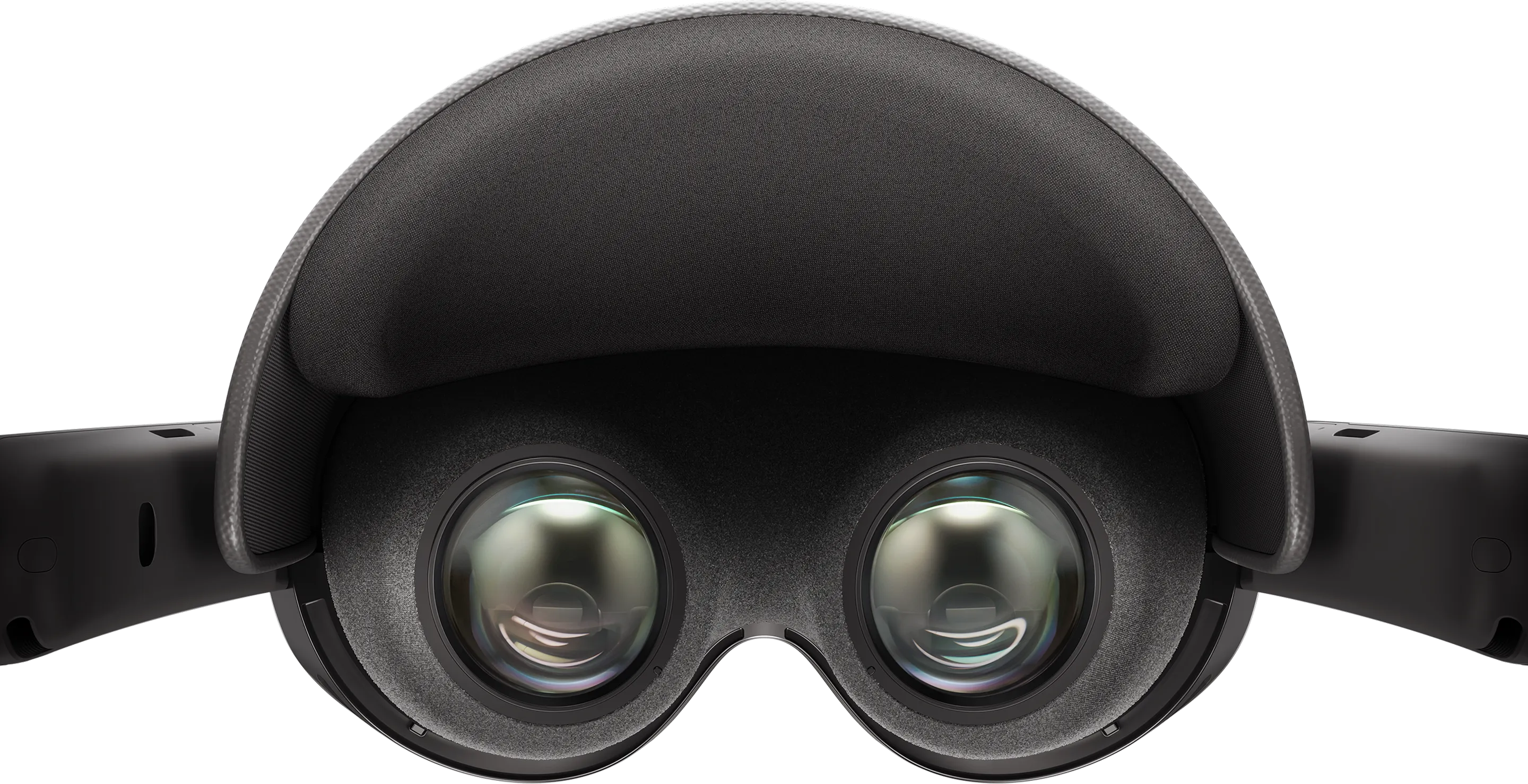Interior design of the Samsung XR headset showing dual lenses in a glasses-like structure with gray cushions around the eyes, nose, and forehead.