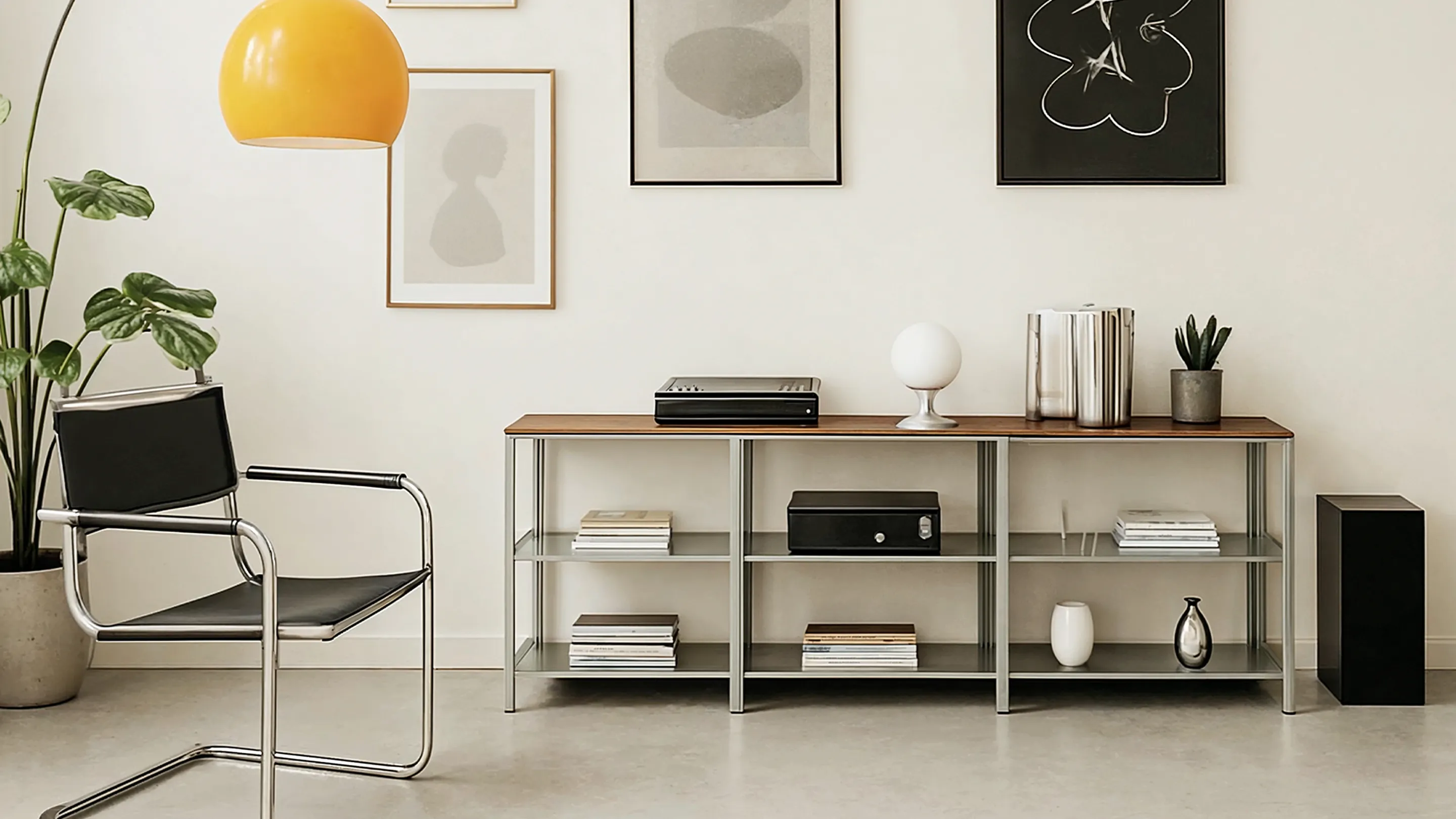 A modern living room interior featuring a metal-framed shelf with a wooden top holding audio equipment, a lamp, books, and vases. A black leather chair and a potted plant are placed on the left side.