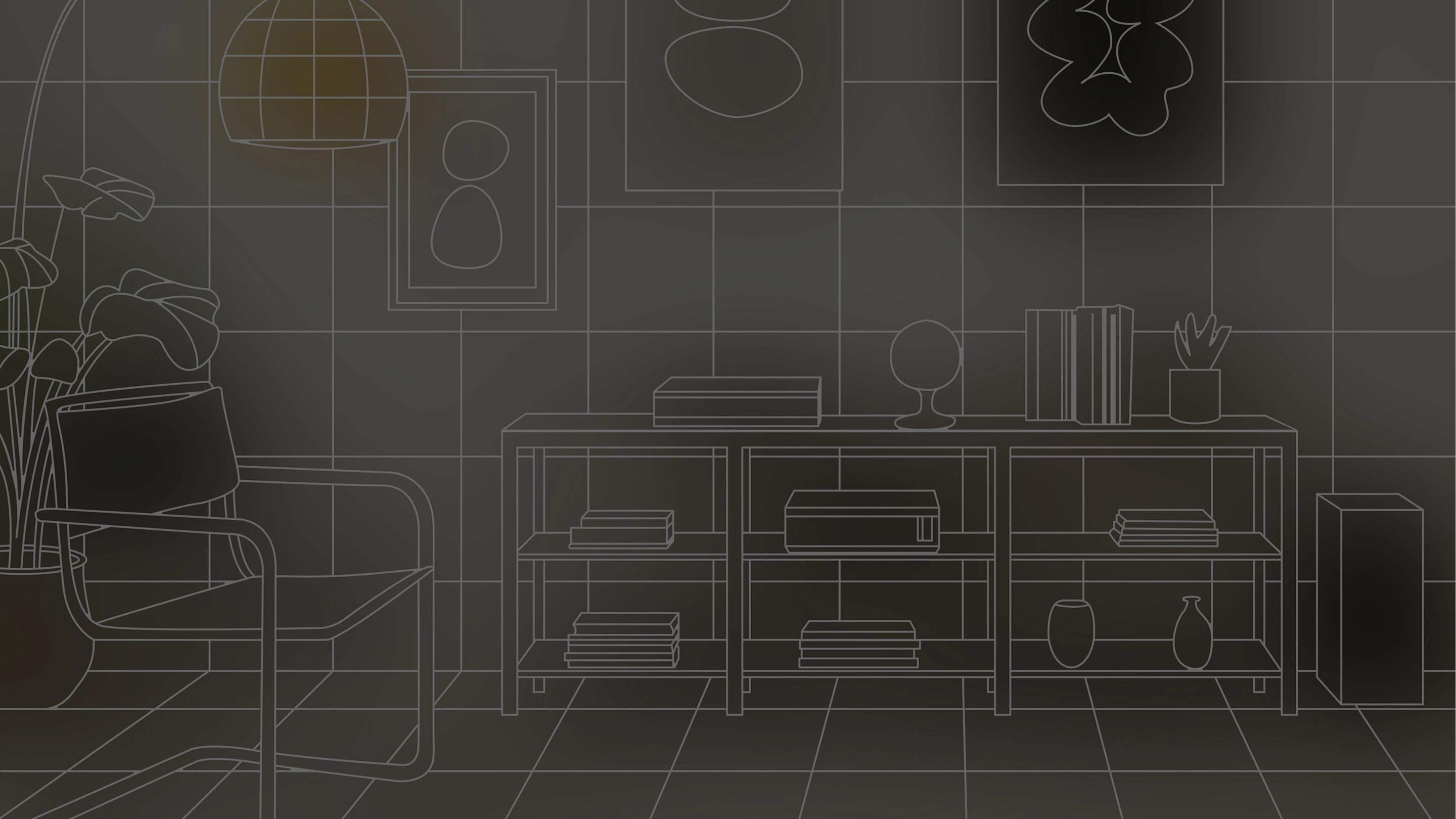 Interior scene visualized through Samsung XR spatial recognition, showing a 3D grid overlay that highlights room depth and geometry.