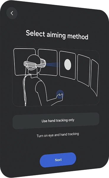 Select Aiming Method” guide text appears above a line illustration showing a person using hand gestures with a Samsung XR headset to control a popup window.