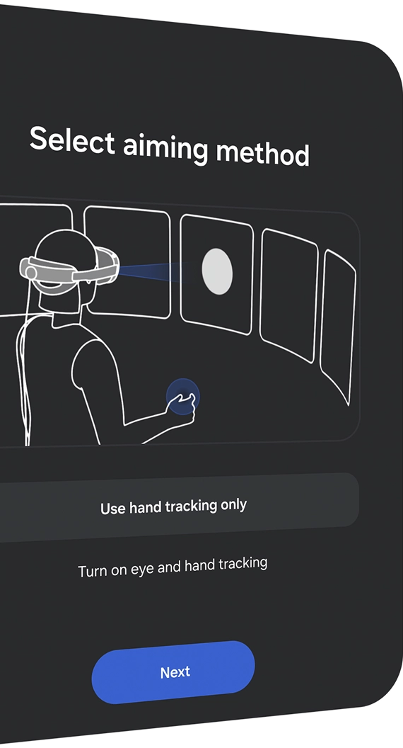 Select Aiming Method” guide text appears above a line illustration showing a person using hand gestures with a Samsung XR headset to control a popup window.