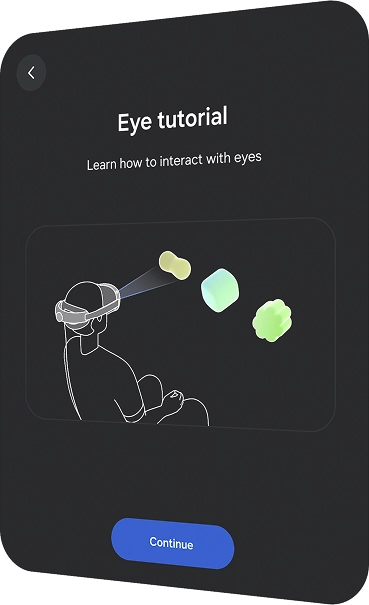 “Eye Tutorial” text appears in the image. A line illustration shows a person wearing a Samsung XR headset sitting and observing an object while learning interaction.