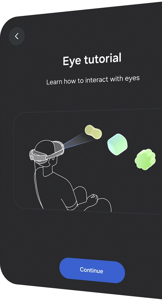 “Eye Tutorial” text appears in the image. A line illustration shows a person wearing a Samsung XR headset sitting and observing an object while learning interaction.
