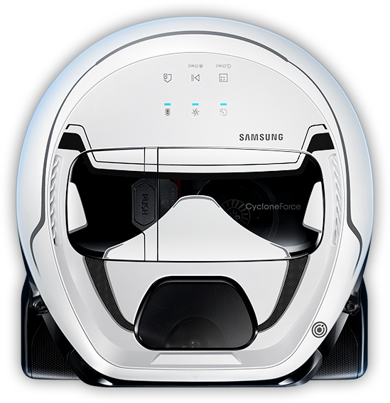 The Stormtrooper POWERbot robot cleaner appears against a space background.