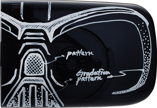 An image shows changes sketches and changes made during the design process of the Darth Vader POWERbot robot vacuum cleaner.