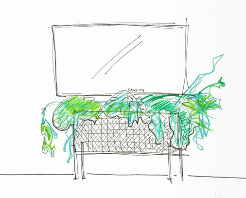 An image shows the sketch of <PlantLife> work which was selected as the finalist in the competition contest of Samsung Electronics QLED TV stand.