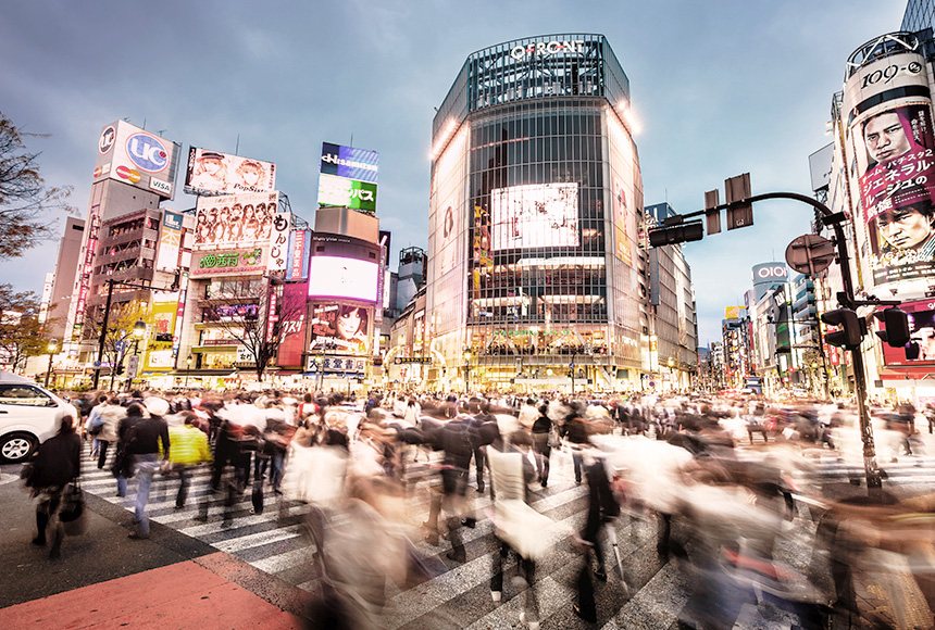 An image of Tokyo’s busy Shibuya intersection