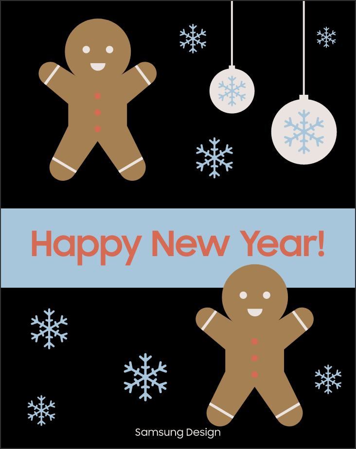 This is one of three cards you can download by clicking here. An illustration card of little snowflakes and a smiling gingerbread cookie saying Happy New Year!