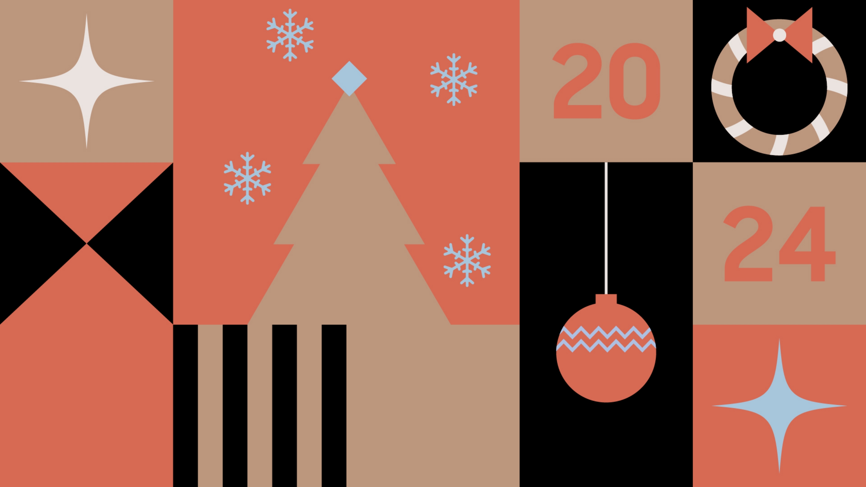 There are 2024 numbers and decorative balls, a Christmas tree and snowflakes in each of the divided square compartments.