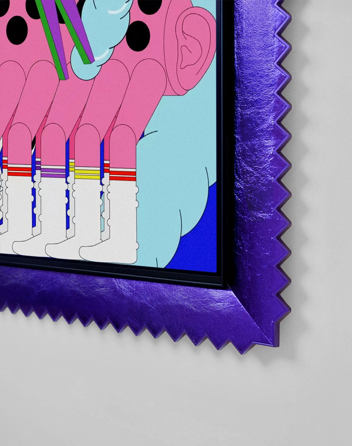 Inside a purple gear-shaped frame, colorful clothes and characters move among blue clouds and hangers. At the center, a Bespoke AI Laundry Combo appears as a washing machine character with its round door open like a mouth, surrounded by pink and green characters with long arms and legs.