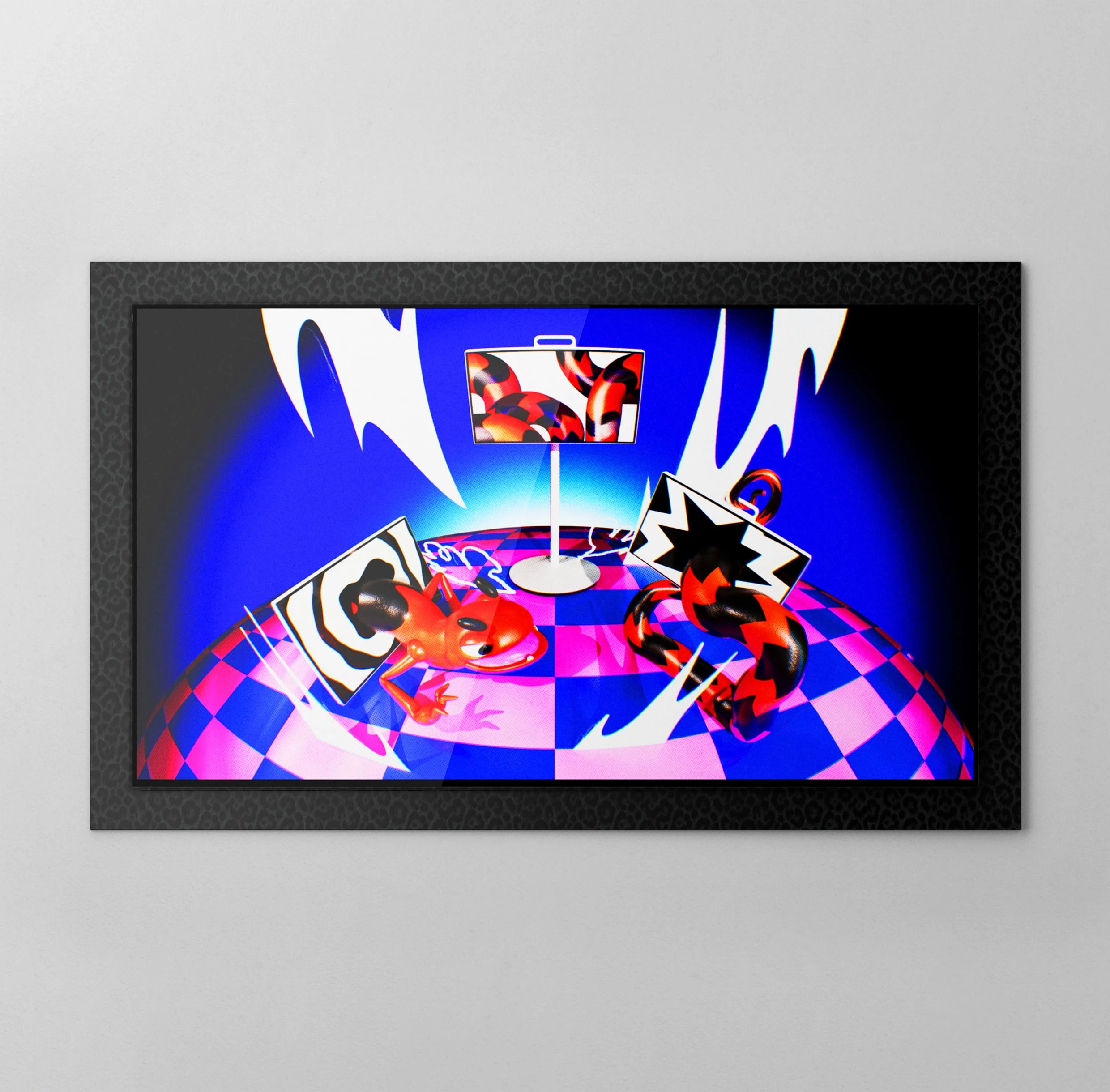 Inside a black patterned frame, The Movingstyle, a movable screen on a white stand, is shown. Its screen depicts red and black curving forms and small creatures on a pink-and-blue checkerboard planet.