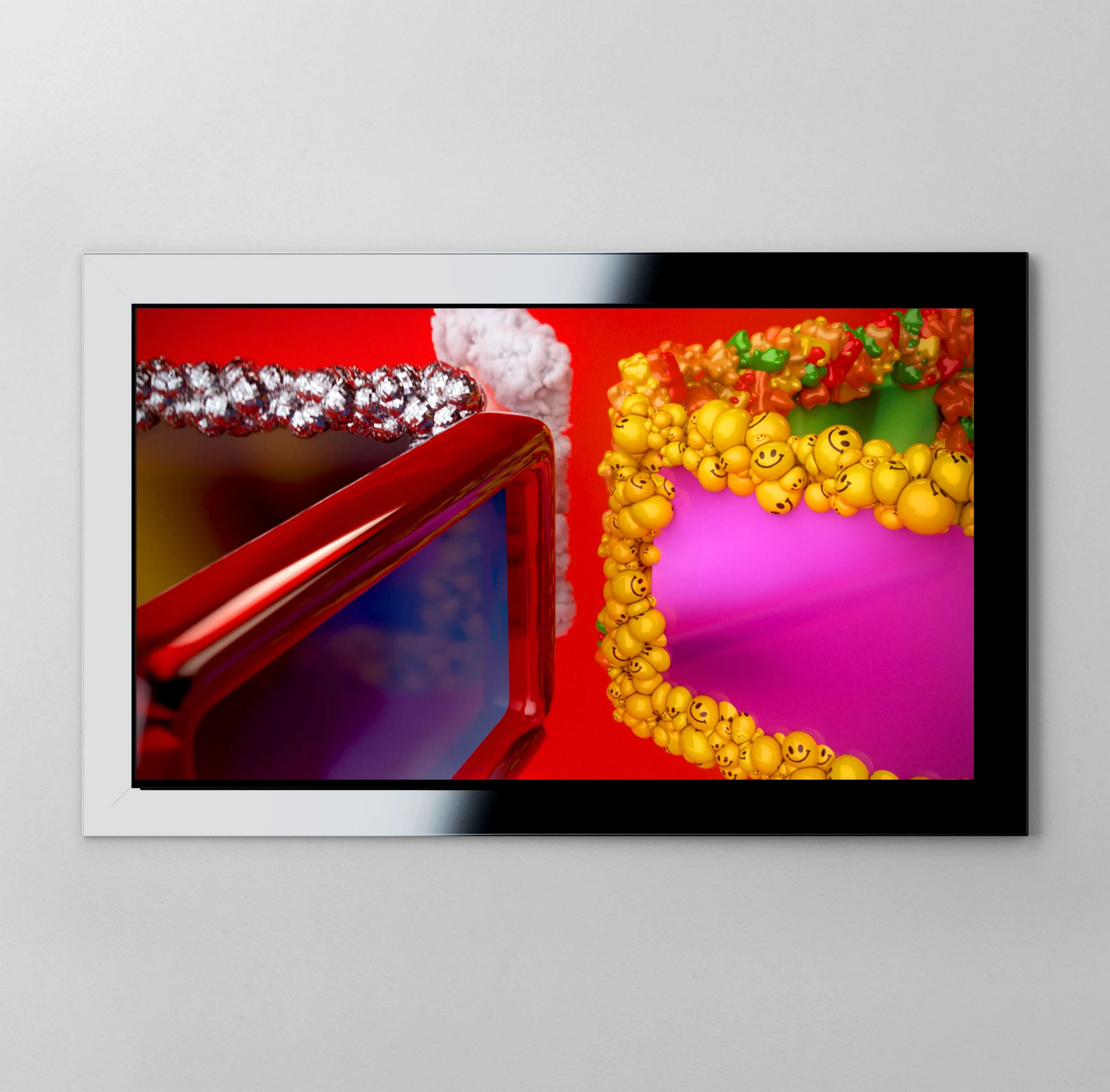 A horizontal The Frame Pro sits within a light gray frame. Against a red background, the screen shows a black rectangle edged in silver decoration beside a purple rectangle bordered with small yellow smiley-face toys.