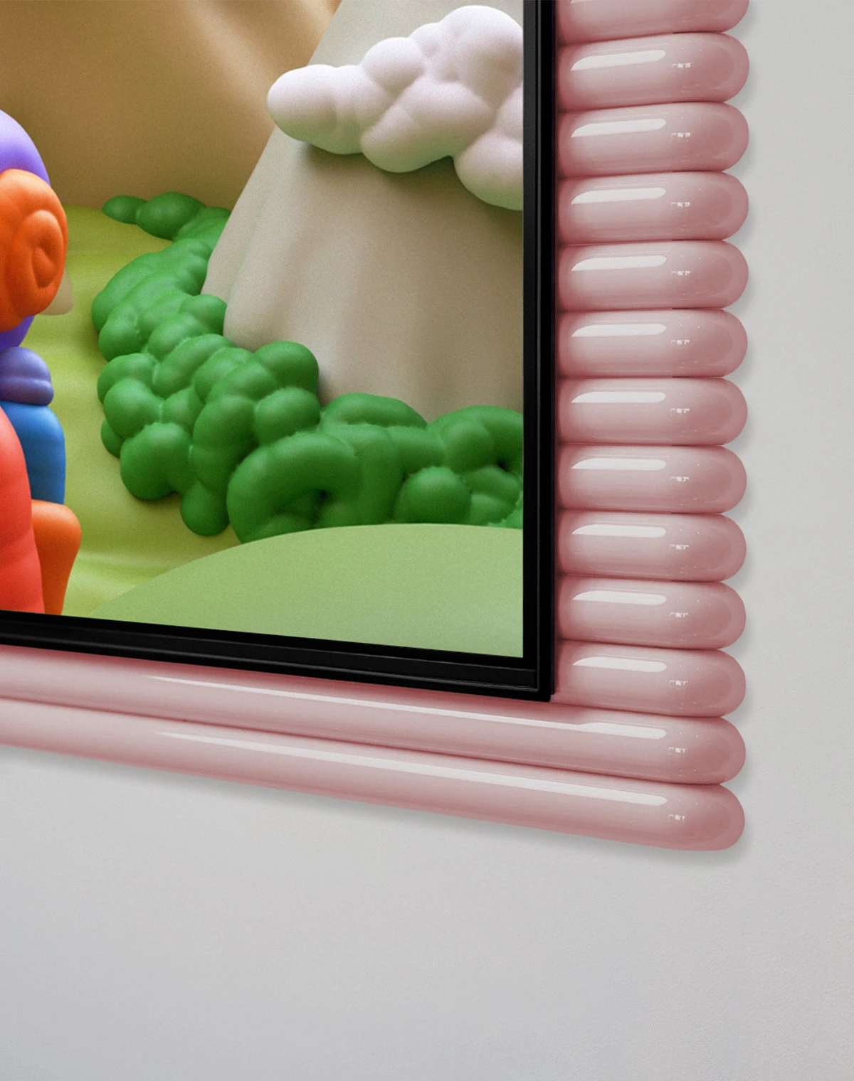 Inside a frame of layered pink bars, the Infinite AI Air Purifier appears at the center in place of a hiker’s head. Wearing an orange top and a backpack, the smiling hiker stands amid mountains, clouds, and a blue sky.